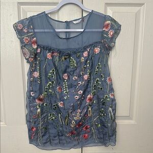 Anthropologie Gray Flutter Sleeve Embellished Blouse